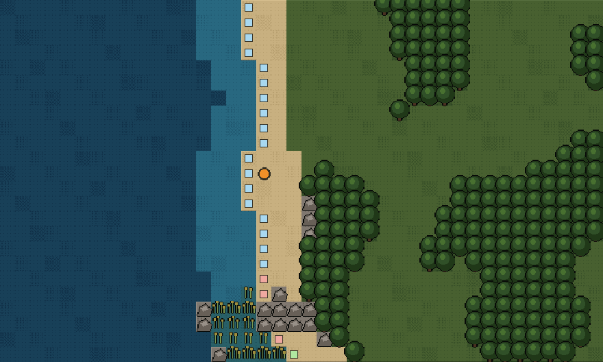 A whole coast from above. Small coloured squares mark every place you can fish from, tinted by the water it fishes, and an orange dot marks the fire.