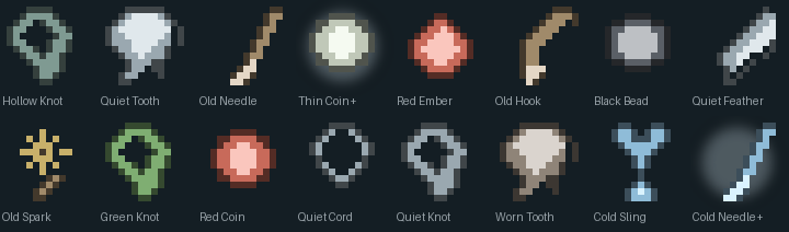 Sixteen generated items: threads, seeds, feathers, hooks, shells, scales and blades, each in a different colour, two of them ringed with a violet glow.