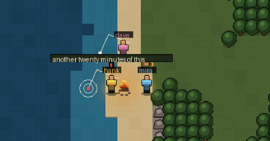 A pixel coast: blue water, a sandy shore, woods behind. Three people along the water. One has a bite, with a red float and ripples. One is cooking at a fire, a ring part way round. One further up the beach is talking.